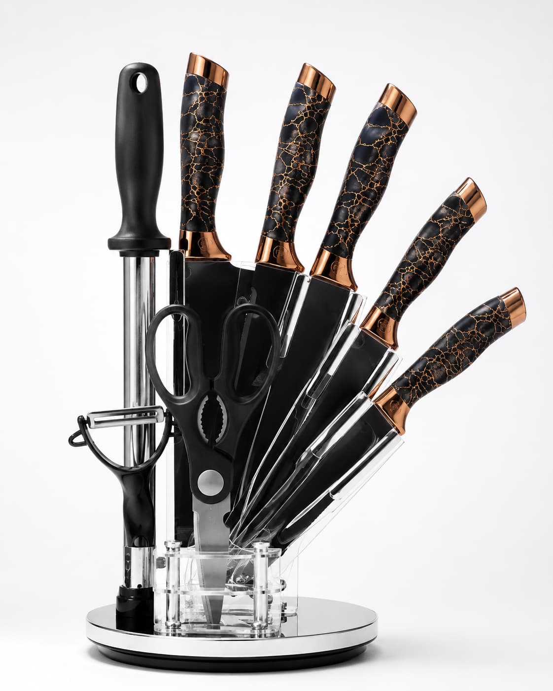 8 Pieces High-Carbon Forged Knife Set | Professional Cutlery Collection with Rotating Stand | Premium Black & Copper Aesthetic Design