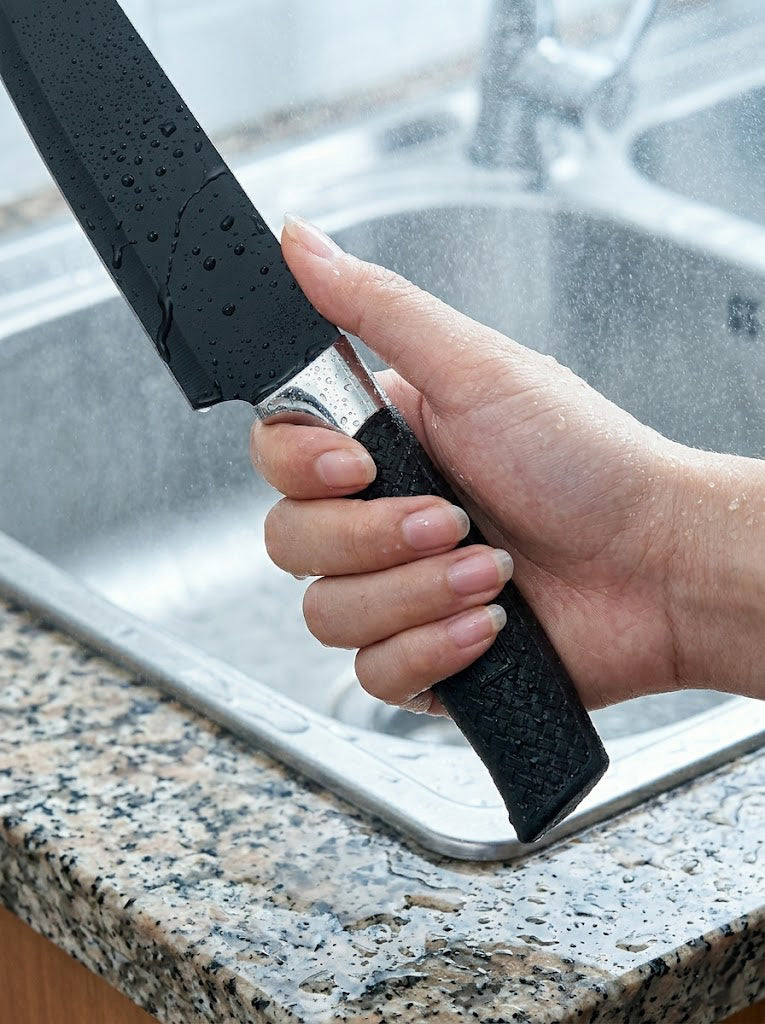 4-Piece Black Non-Stick Kitchen Knife Set, Grid Textured Non-Slip Handles