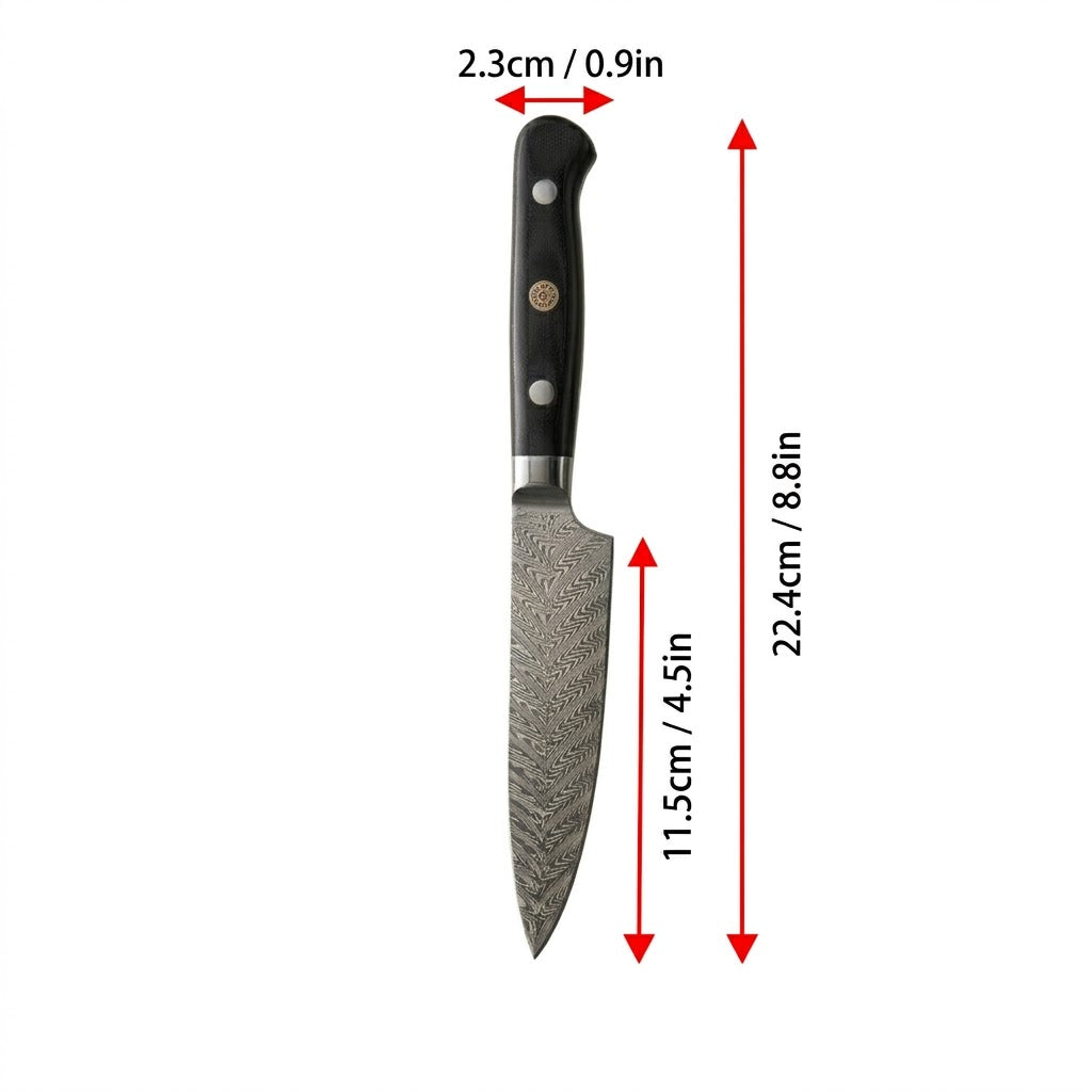 5.5 Inch 67-Layer Damascus Steel Multipurpose Utility Knife, Black Micarta Handle with Decorative Brass Flower Rivet, Premium Small Kitchen Paring Knife with Luxury Wooden Gift Box