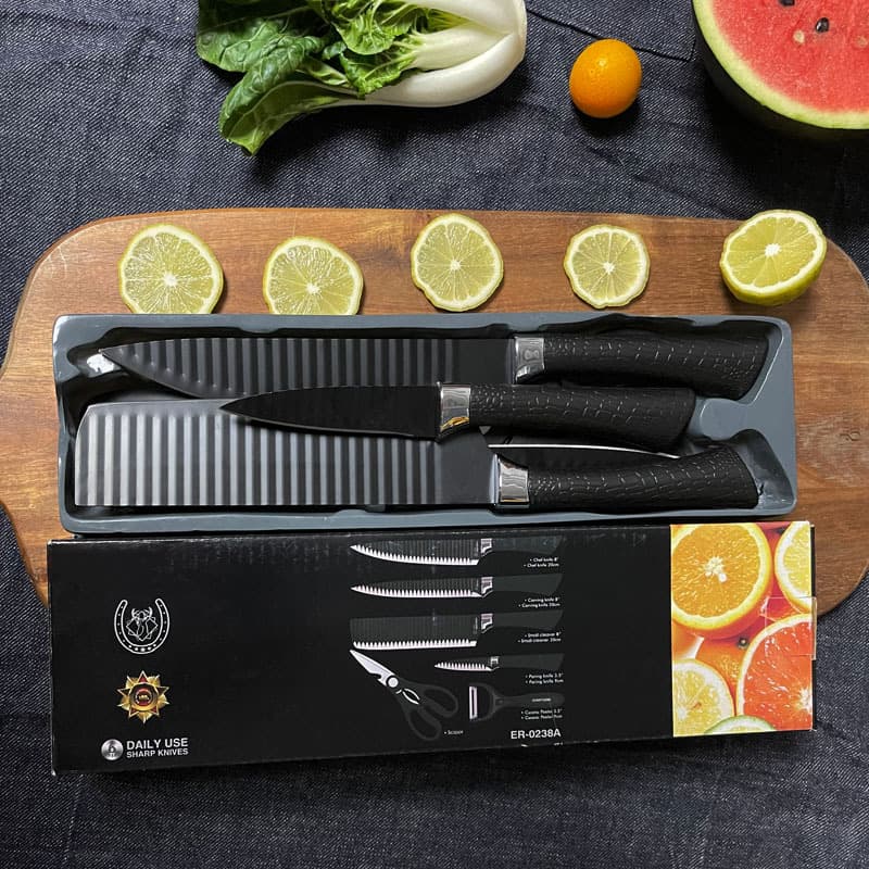 6-Piece Black Wave Non-Stick Kitchen Knife Set, Crocodile Embossed Anti-Slip Handles