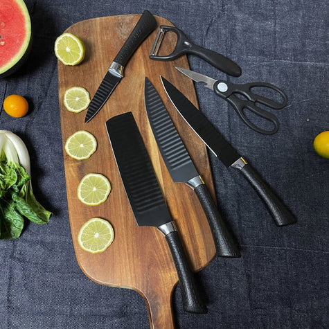 6-Piece Black Wave Non-Stick Kitchen Knife Set, Crocodile Embossed Anti-Slip Handles