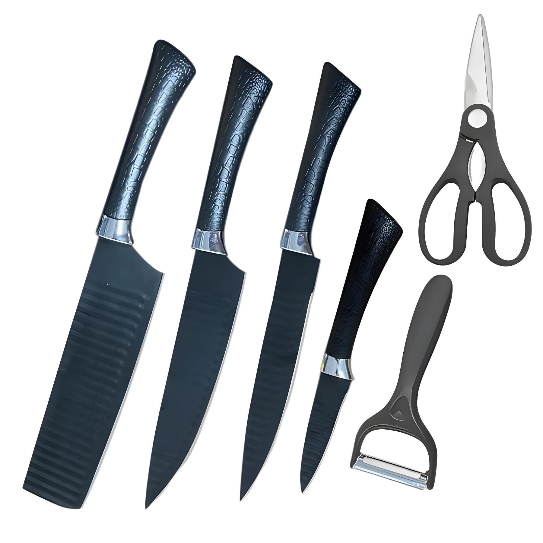 6-Piece Black Wave Non-Stick Kitchen Knife Set, Crocodile Embossed Anti-Slip Handles