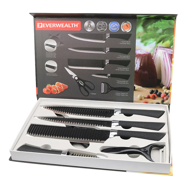 6-Piece Black Wave Non-Stick Kitchen Knife Set with Crocodile Anti-Slip Handles