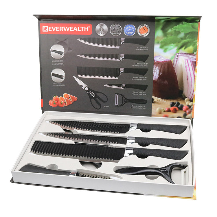 6-Piece Black Wave Non-Stick Kitchen Knife Set with Crocodile Anti-Slip Handles