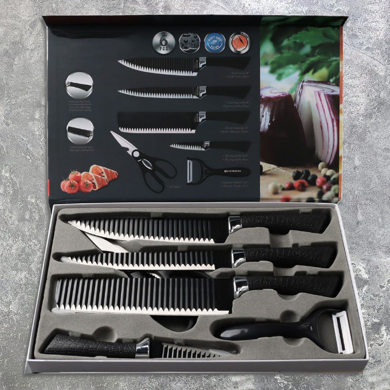 6-Piece Black Wave Non-Stick Kitchen Knife Set with Crocodile Anti-Slip Handles