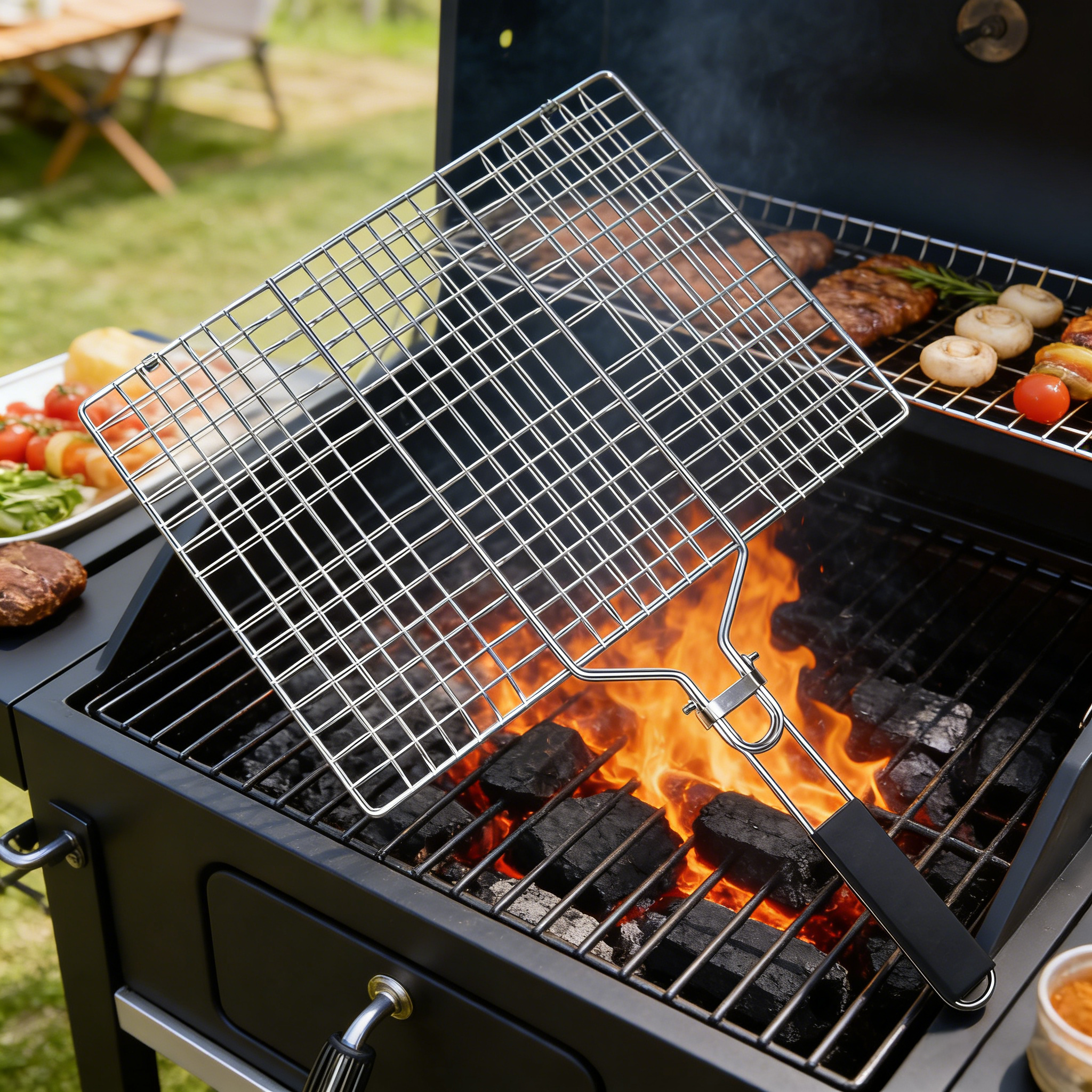 Portable Stainless Steel BBQ Grill Net, Heat-Resistant Handle
