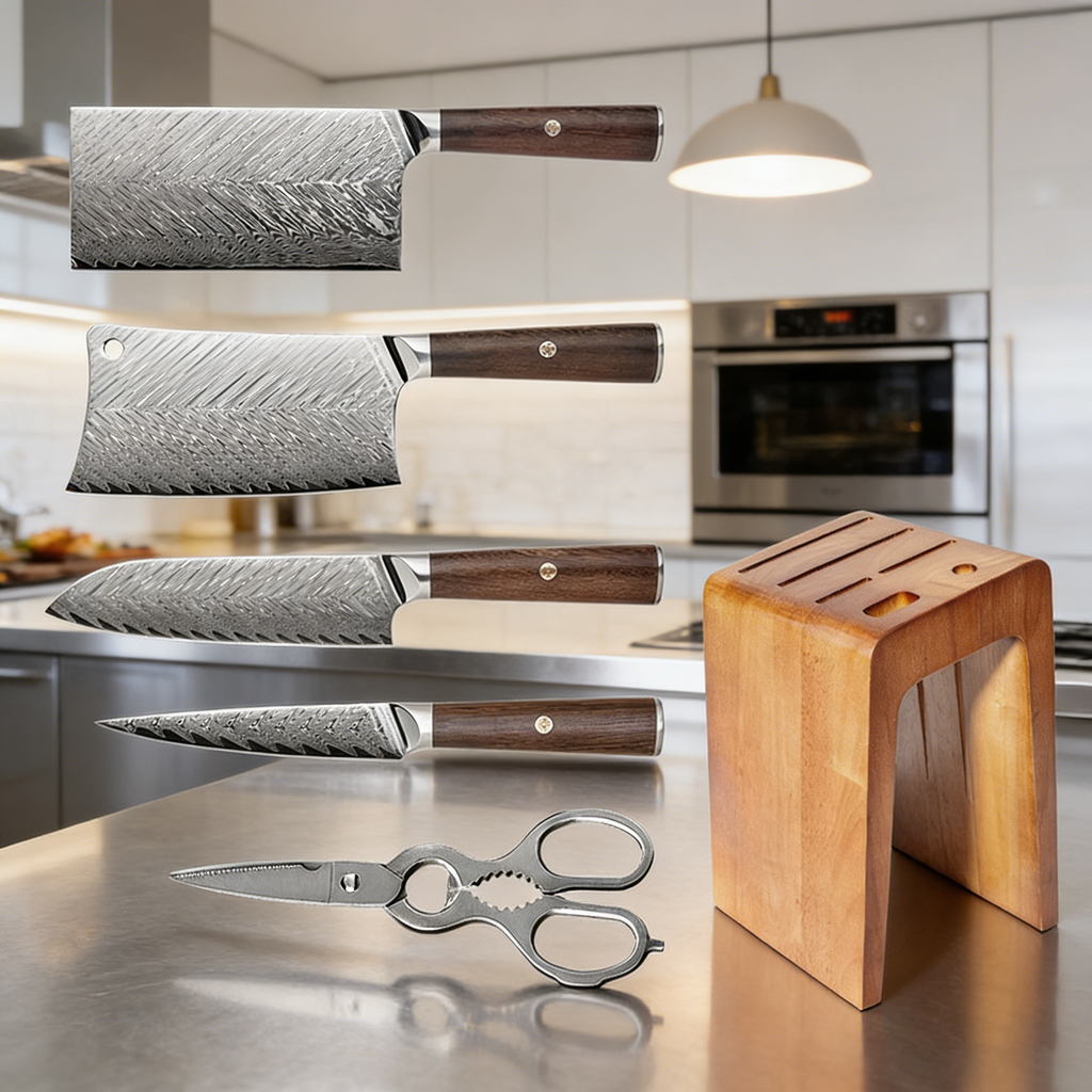 67-Layer Damascus Steel 5-Piece Wooden Handle Kitchen Knife Gift Set (with Storage Base)
