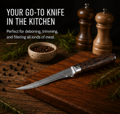 6 Inch 67-Layer Damascus Steel Boning Knife, Ergonomic Pattern Wood Handle, Professional Flexible Fillet Knife for Meat Deboning & Trimming