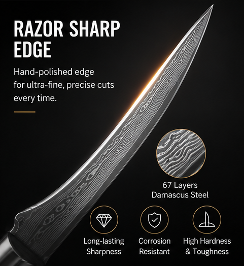 6 Inch 67-Layer Damascus Steel Boning Knife, Ergonomic Pattern Wood Handle, Professional Flexible Fillet Knife for Meat Deboning & Trimming