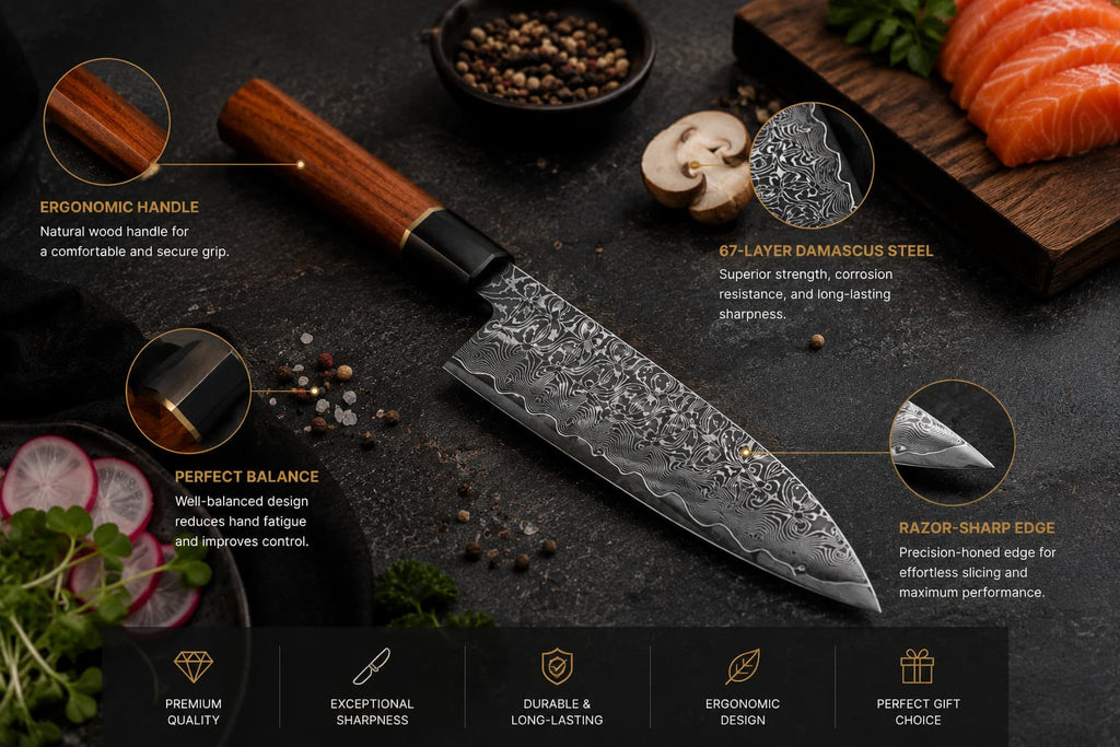 8.1 Inch 67-Layer Damascus Steel Kiritsuke Chef Knife, Traditional Octagonal Natural Wood Handle, Multipurpose Professional Kitchen Sushi & Meat Cutting Knife