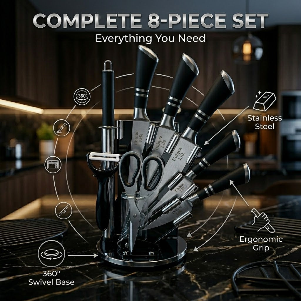 Unique Life 7 Pieces Professional Kitchen Knife Set | Ergonomic Non-Slip Handles | Premium Stainless Steel Cutlery with Rotating Stand