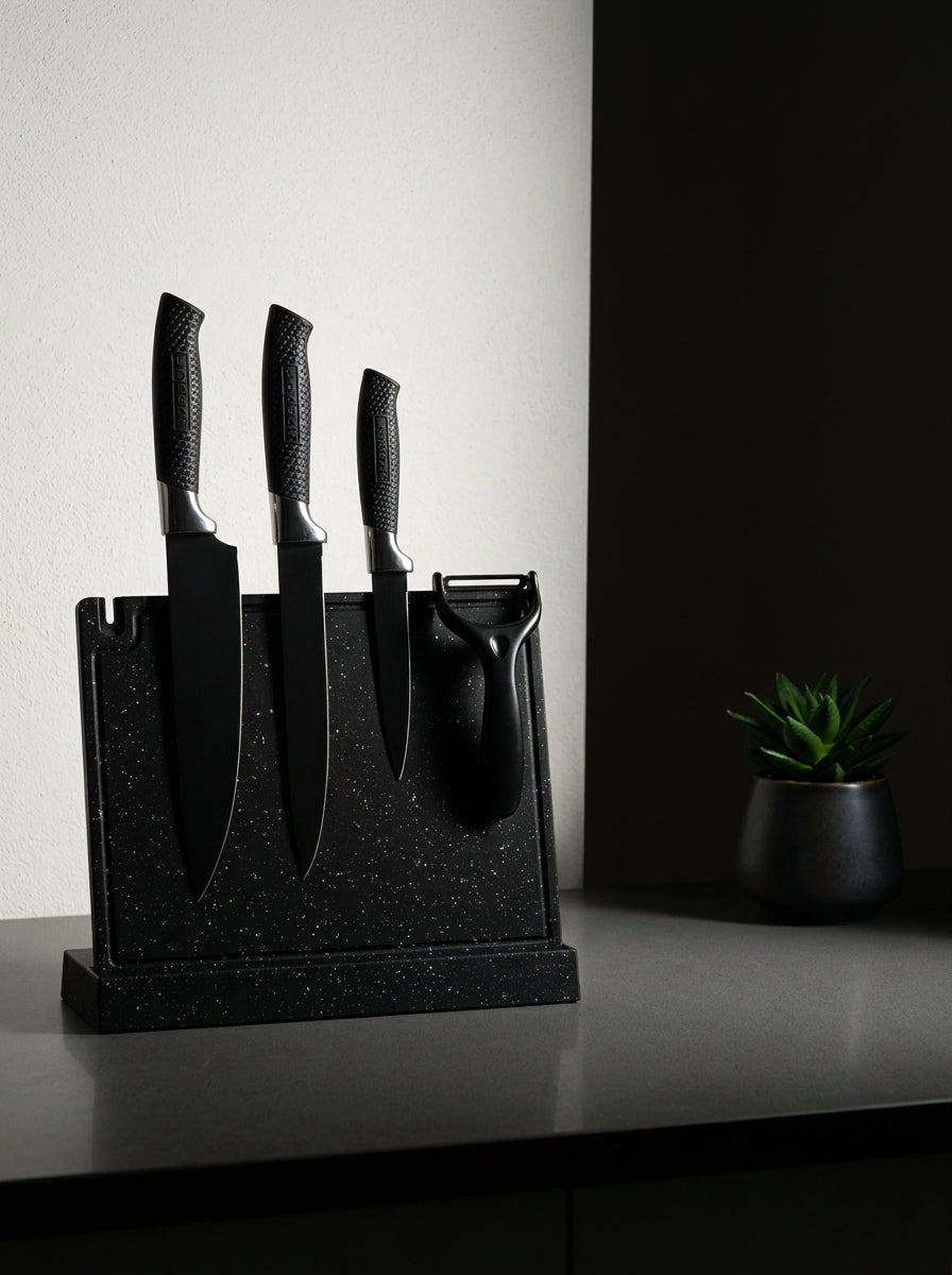 4-Piece Black Non-Stick Kitchen Knife Set, Grid Textured Non-Slip Handles