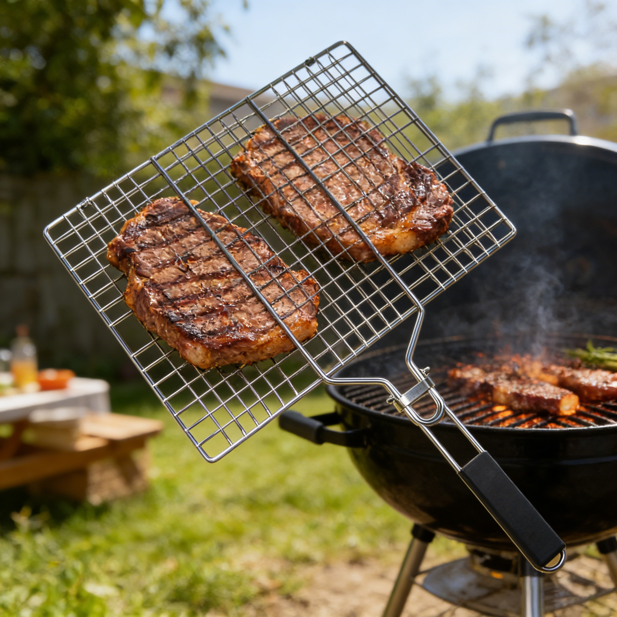 Portable Stainless Steel BBQ Grill Net, Heat-Resistant Handle