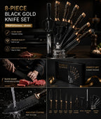 8 Pieces High-Carbon Forged Knife Set | Professional Cutlery Collection with Rotating Stand | Premium Black & Copper Aesthetic Design