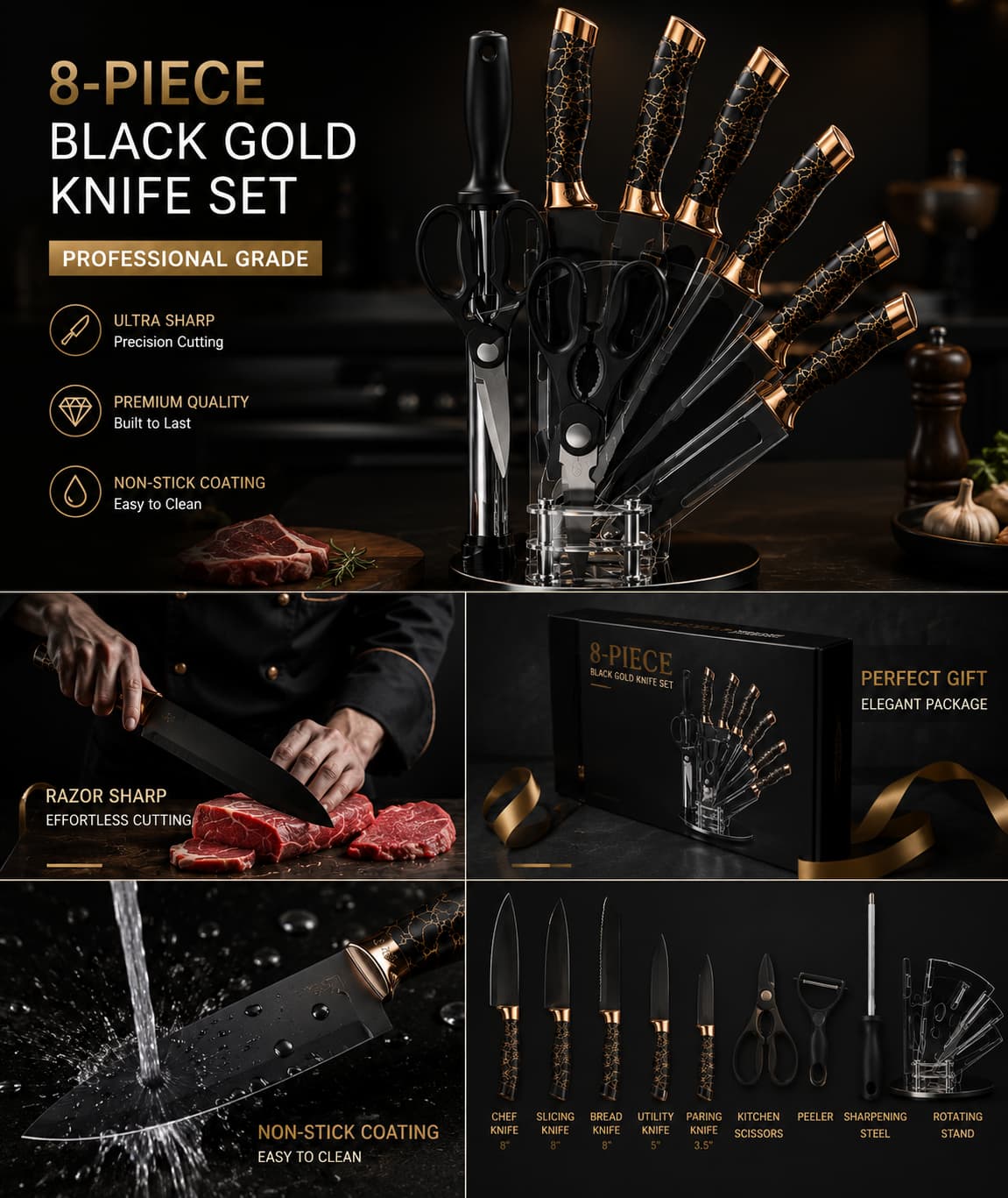 8 Pieces High-Carbon Forged Knife Set | Professional Cutlery Collection with Rotating Stand | Premium Black & Copper Aesthetic Design