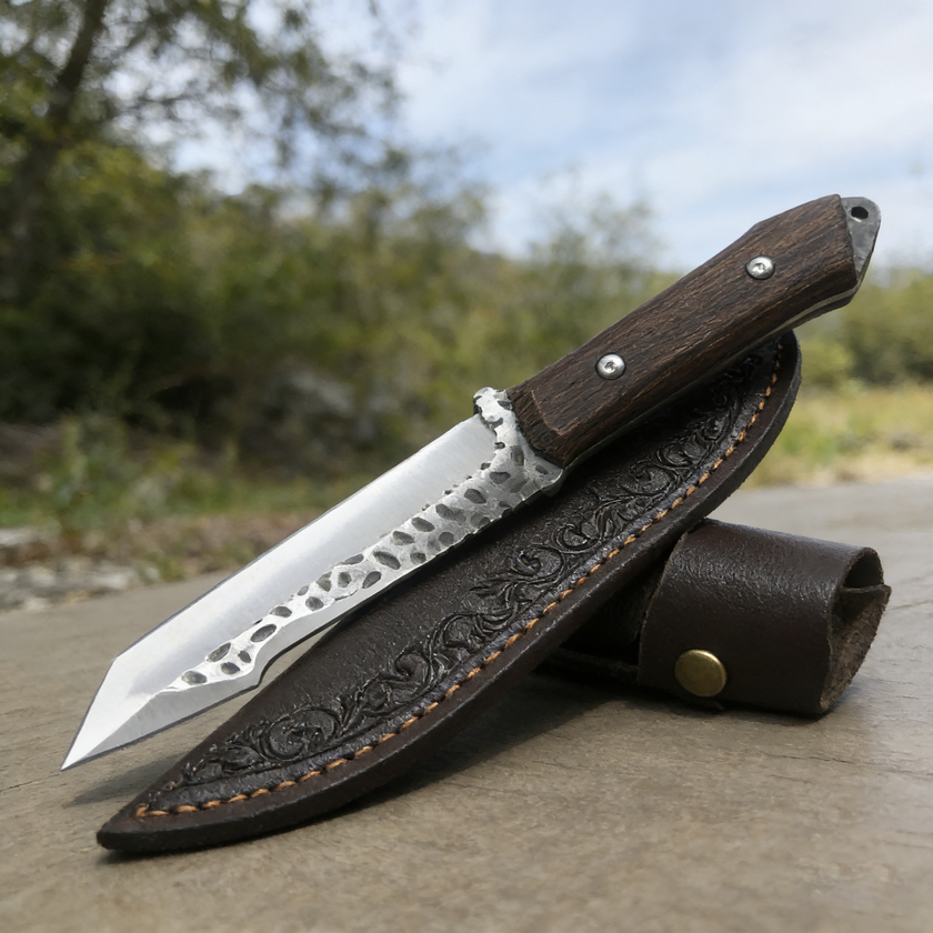 High-hardness outdoor adventure straight knife, with leather blade cover, essential hand-forged knife for wilderness survival. Super sharp blade with anti-slip wooden handle