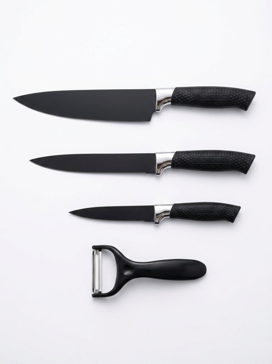 4-Piece Black Non-Stick Kitchen Knife Set, Grid Textured Non-Slip Handles