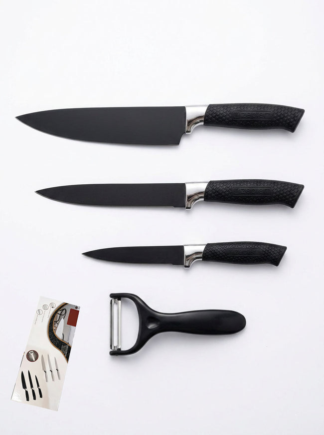 4-Piece Black Non-Stick Kitchen Knife Set, Grid Textured Non-Slip Handles