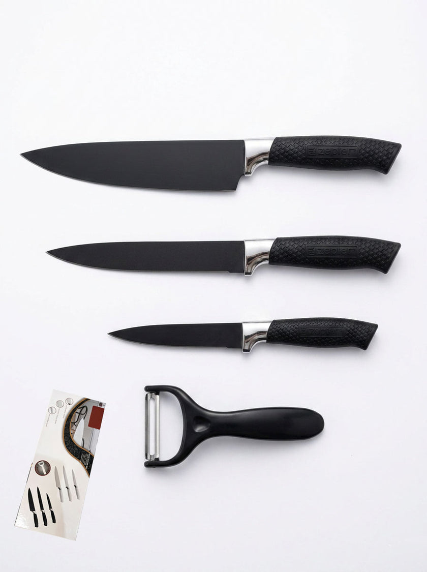 4-Piece Black Non-Stick Kitchen Knife Set, Grid Textured Non-Slip Handles
