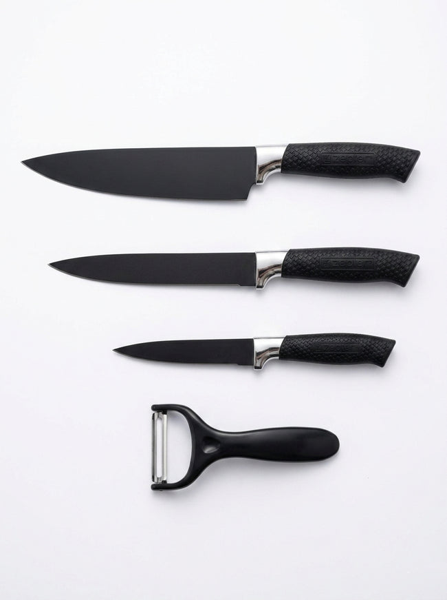 4-Piece Black Non-Stick Kitchen Knife Set, Grid Textured Non-Slip Handles