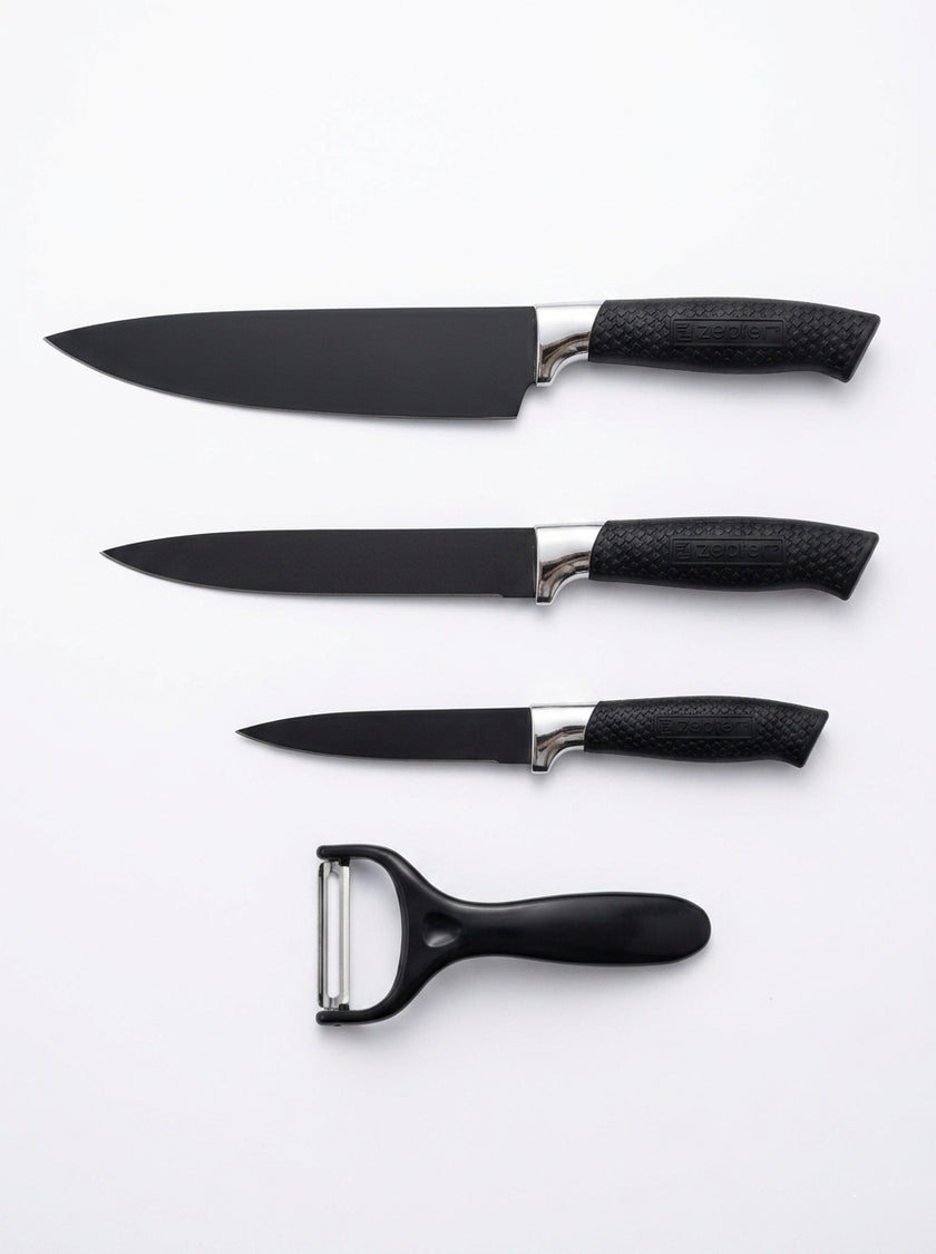 4-Piece Black Non-Stick Kitchen Knife Set, Grid Textured Non-Slip Handles