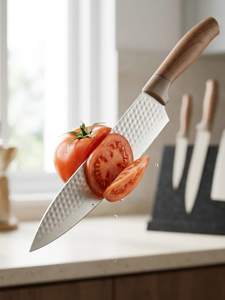 6-Piece Cream-Colored Hammered Stainless Steel Kitchen Knife Set with Wood-Look Ergonomic Handles and a Versatile Vertical Slotted Knife Block with Gold-Toned Edges