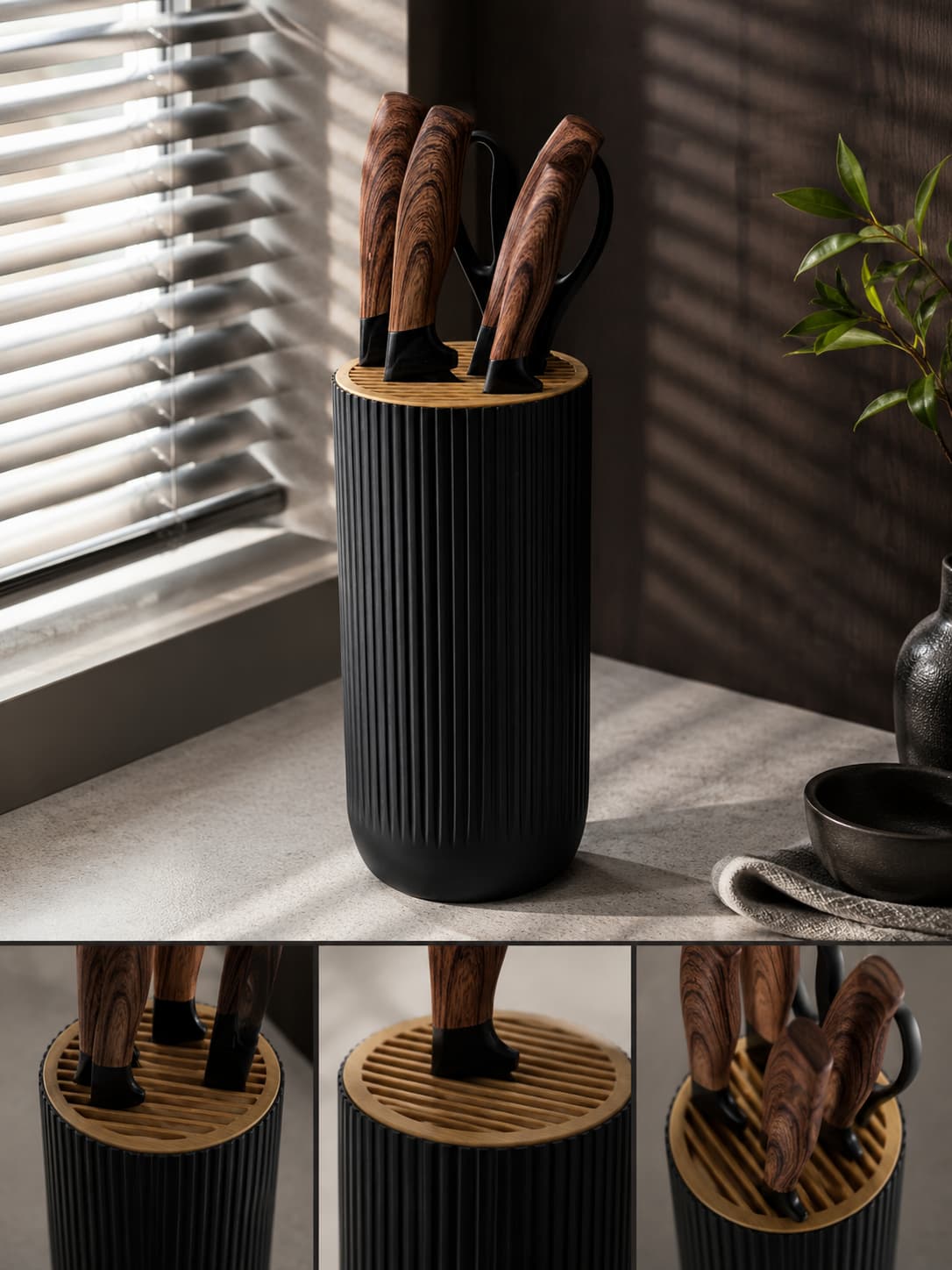 6-Piece Black Hammered Stainless Steel Kitchen Knife Set with Wood-Look Ergonomic Handles and a Bamboo Knife Block with Vertical Stripes for Storage