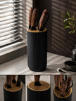 6-Piece Black Hammered Stainless Steel Kitchen Knife Set with Wood-Look Ergonomic Handles and a Bamboo Knife Block with Vertical Stripes for Storage