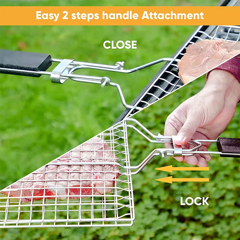 Portable Stainless Steel BBQ Grill Net, Heat-Resistant Handle