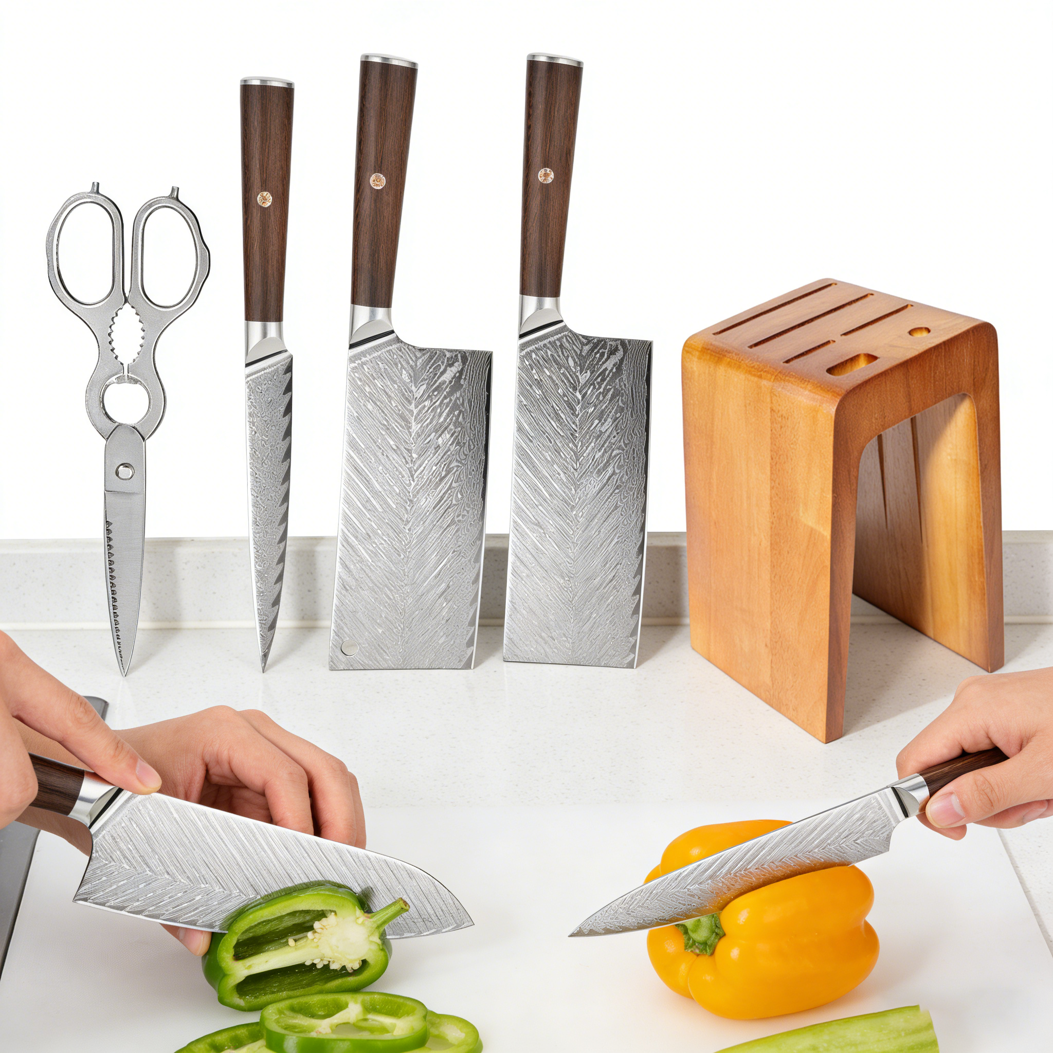 67-Layer Damascus Steel 5-Piece Wooden Handle Kitchen Knife Gift Set (with Storage Base)