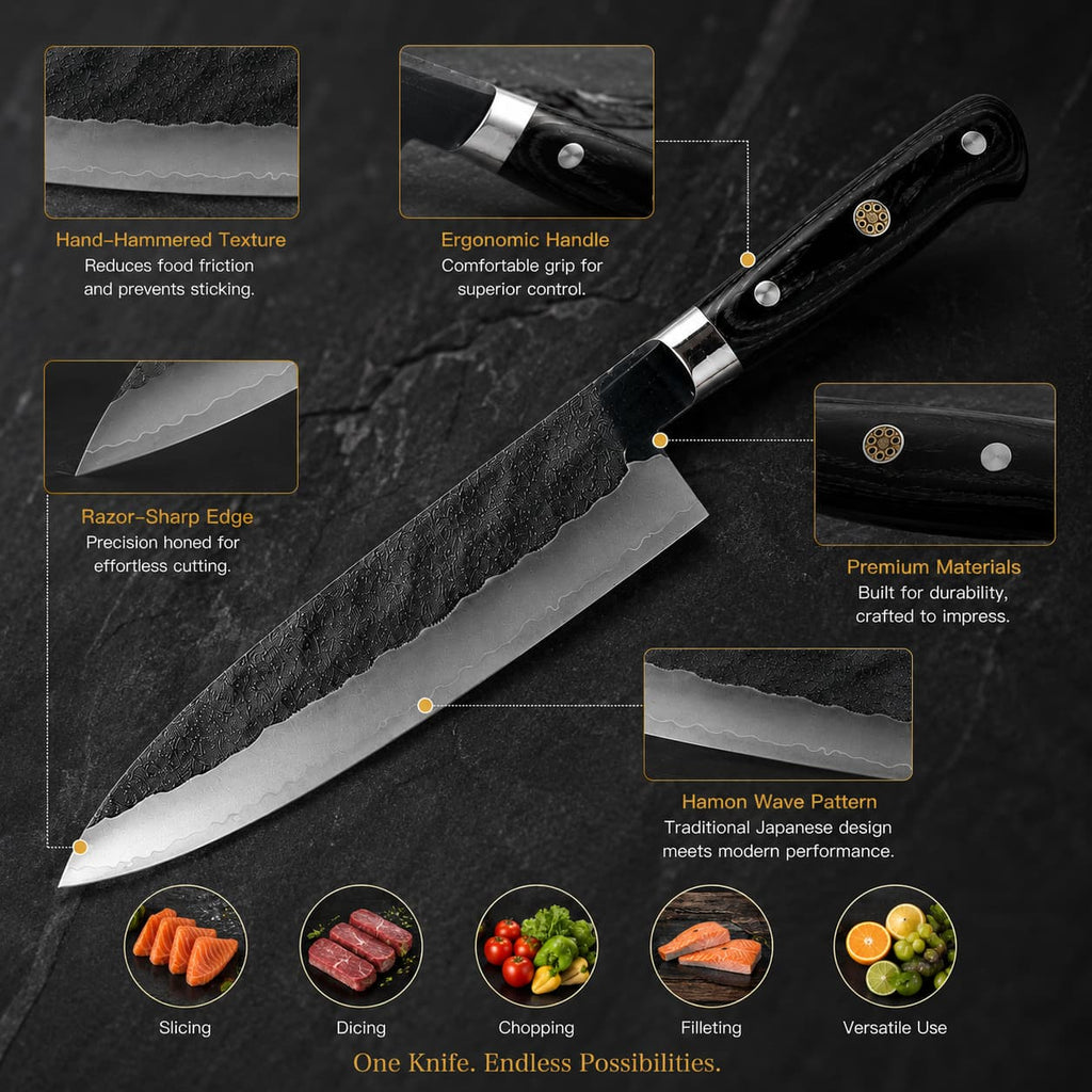 8 Inch VG10 Core Three-Ply Forged Chef Knife, Hand Hammered Blade, Stabilized Black Color Wood Handle, Professional Multipurpose Kitchen Cooking Knife