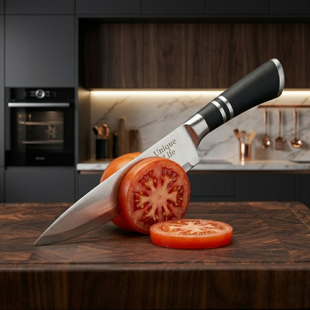Unique Life 7 Pieces Professional Kitchen Knife Set | Ergonomic Non-Slip Handles | Premium Stainless Steel Cutlery with Rotating Stand