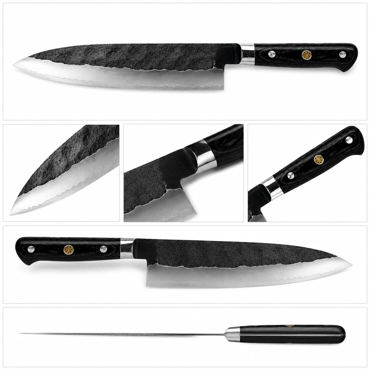 8 Inch VG10 Core Three-Ply Forged Chef Knife, Hand Hammered Blade, Stabilized Black Color Wood Handle, Professional Multipurpose Kitchen Cooking Knife