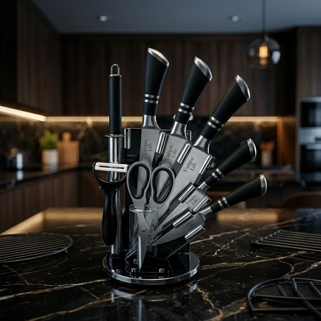 Unique Life 7 Pieces Professional Kitchen Knife Set | Ergonomic Non-Slip Handles | Premium Stainless Steel Cutlery with Rotating Stand