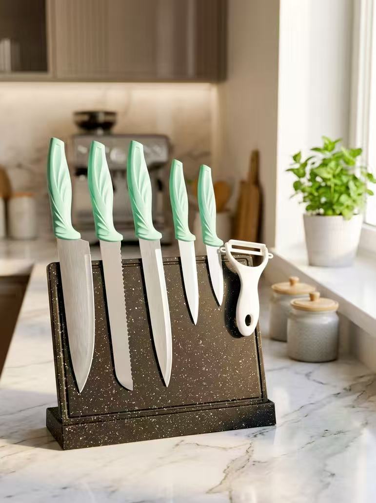 6 Pcs Polished Stainless Steel Kitchen Knife Set, Fresh Turquoise Leaf-Shaped Ergonomic Handles
