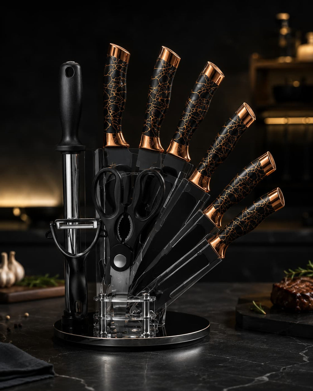 8 Pieces High-Carbon Forged Knife Set | Professional Cutlery Collection with Rotating Stand | Premium Black & Copper Aesthetic Design