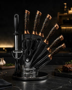 8 Pieces High-Carbon Forged Knife Set | Professional Cutlery Collection with Rotating Stand | Premium Black & Copper Aesthetic Design