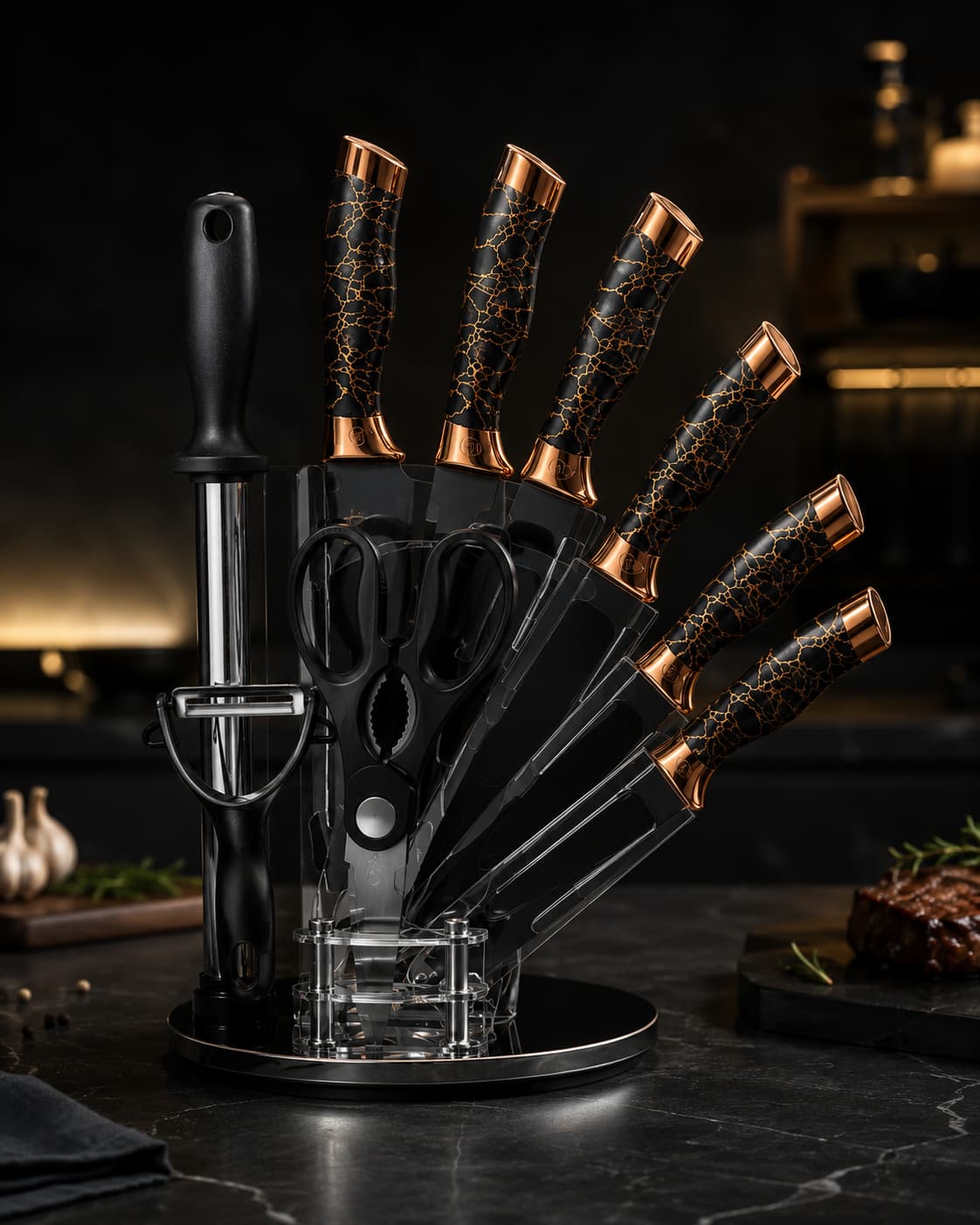 8 Pieces High-Carbon Forged Knife Set | Professional Cutlery Collection with Rotating Stand | Premium Black & Copper Aesthetic Design