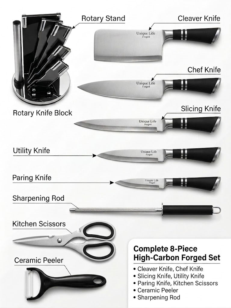 Unique Life 7 Pieces Professional Kitchen Knife Set | Ergonomic Non-Slip Handles | Premium Stainless Steel Cutlery with Rotating Stand