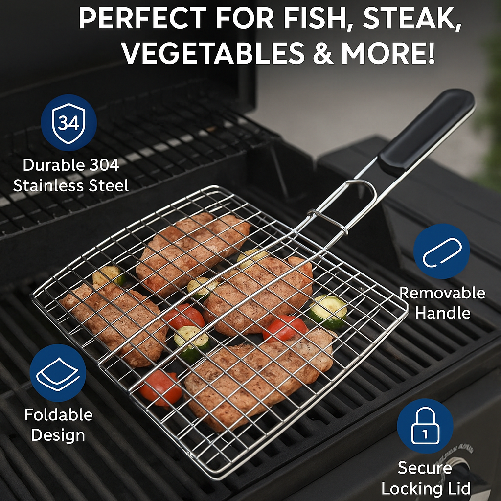 Portable Stainless Steel BBQ Grill Net, Heat-Resistant Handle