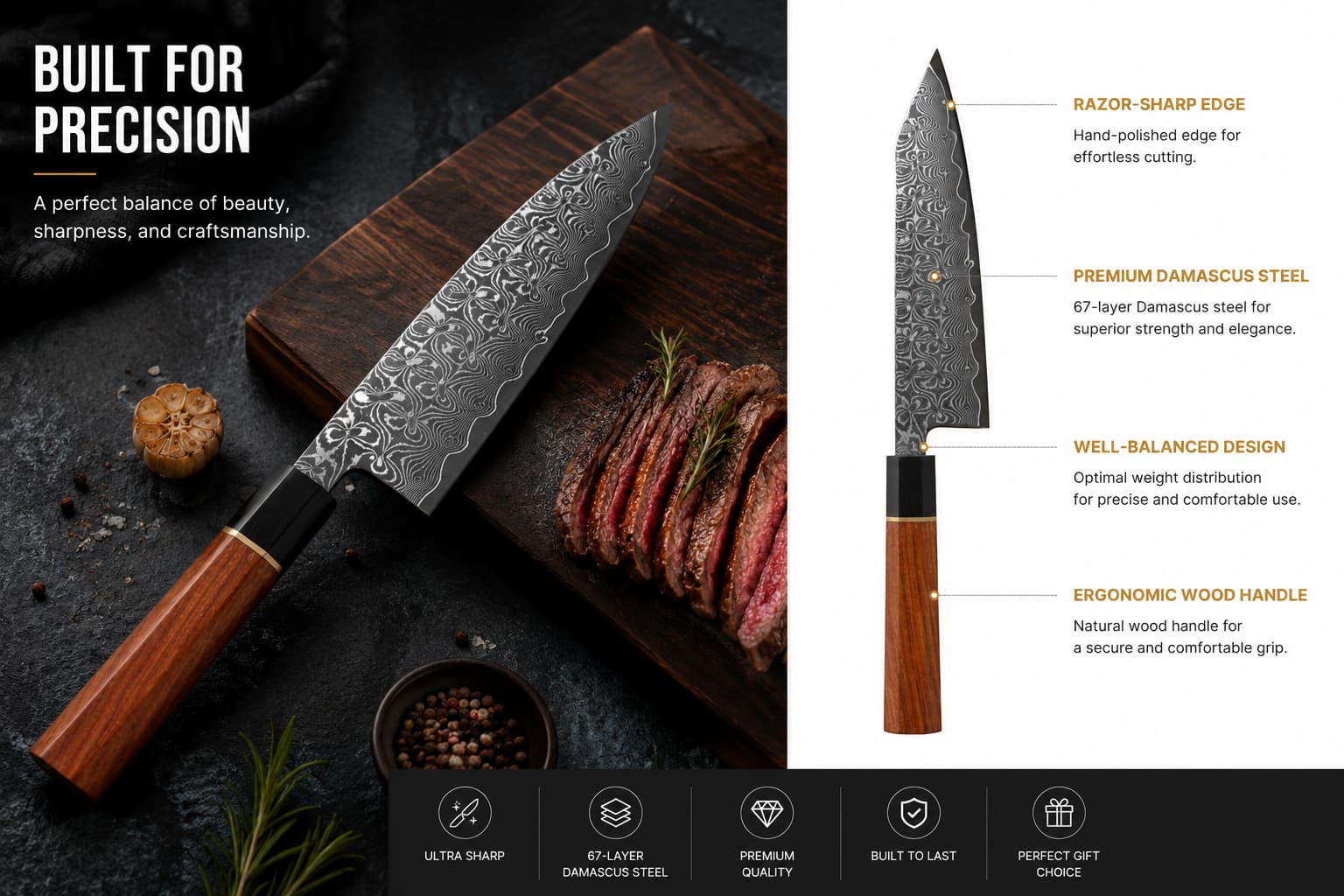 8.1 Inch 67-Layer Damascus Steel Kiritsuke Chef Knife, Traditional Octagonal Natural Wood Handle, Multipurpose Professional Kitchen Sushi & Meat Cutting Knife Secondary image