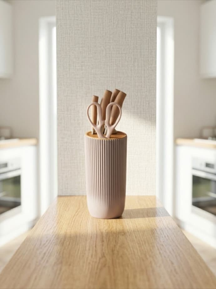 6-Piece Cream-Colored Hammered Stainless Steel Kitchen Knife Set with Wood-Look Ergonomic Handles and a Versatile Vertical Slotted Knife Block with Gold-Toned Edges