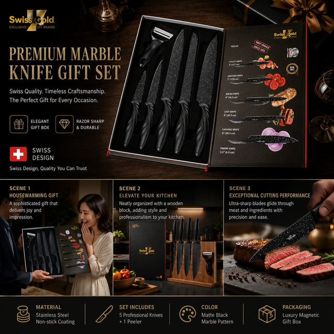 6 Pcs Swiss Design Black Marble Speckled Kitchen Knife Gift Set, Non-Stick Stainless Steel Blades, Ergonomic Twisted Wave Handles