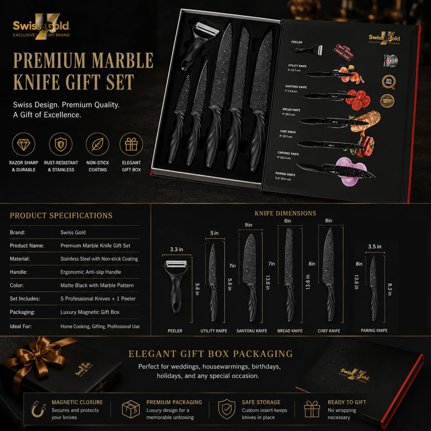 6 Pcs Swiss Design Black Marble Speckled Kitchen Knife Gift Set, Non-Stick Stainless Steel Blades, Ergonomic Twisted Wave Handles