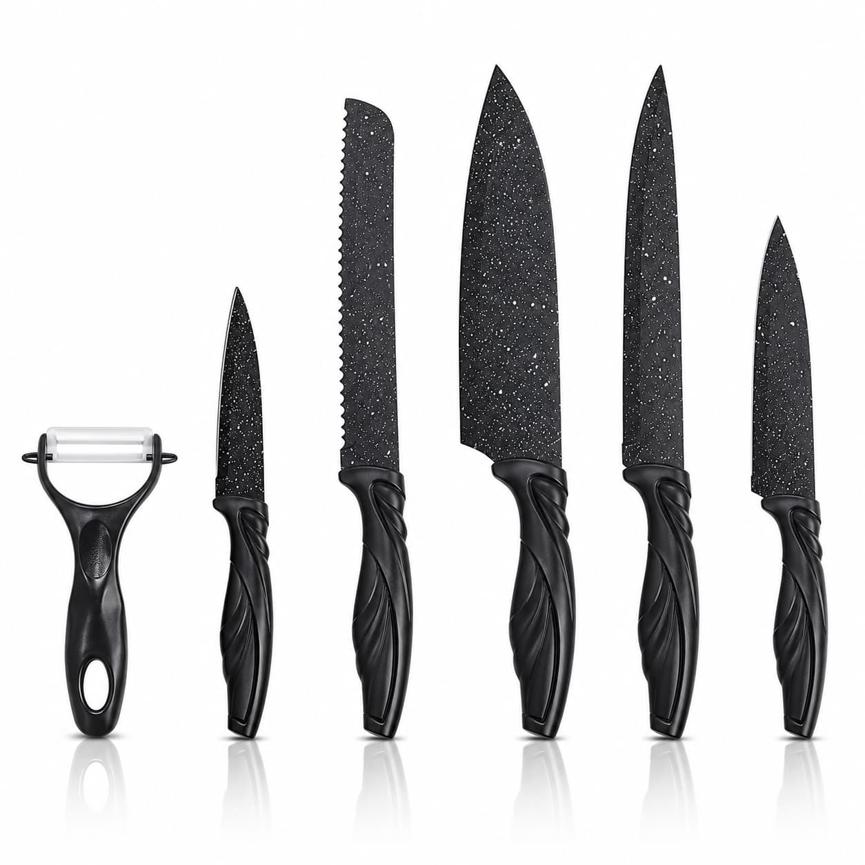 6 Pcs Swiss Design Black Marble Speckled Kitchen Knife Gift Set, Non-Stick Stainless Steel Blades, Ergonomic Twisted Wave Handles