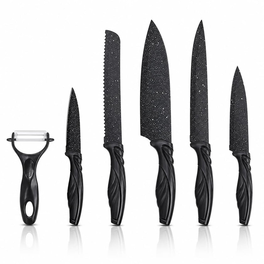6 Pcs Swiss Design Black Marble Speckled Kitchen Knife Gift Set, Non-Stick Stainless Steel Blades, Ergonomic Twisted Wave Handles