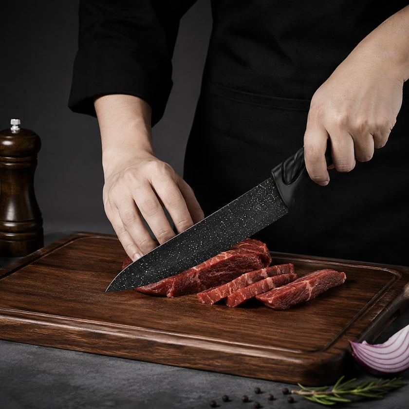 6 Pcs Swiss Design Black Marble Speckled Kitchen Knife Gift Set, Non-Stick Stainless Steel Blades, Ergonomic Twisted Wave Handles