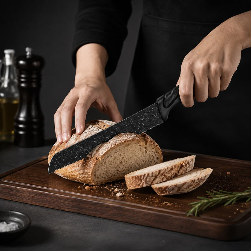 6 Pcs Swiss Design Black Marble Speckled Kitchen Knife Gift Set, Non-Stick Stainless Steel Blades, Ergonomic Twisted Wave Handles