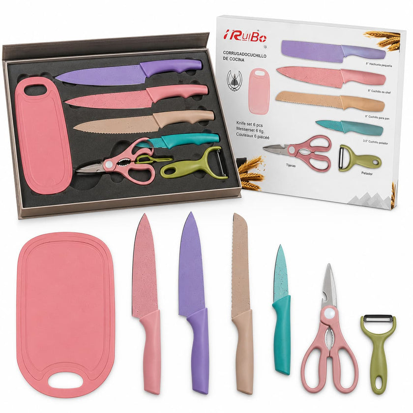 6 Pcs Macaron Pastel Wheat Straw Kitchen Knife Set, Non-Stick Colorful Stainless Steel Blades