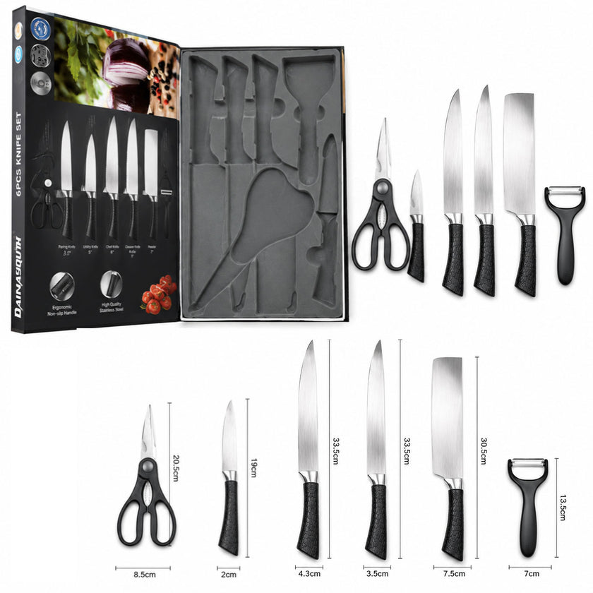 6 Pcs Polished Stainless Steel Kitchen Knife Set with Crocodile Non-Slip Handles